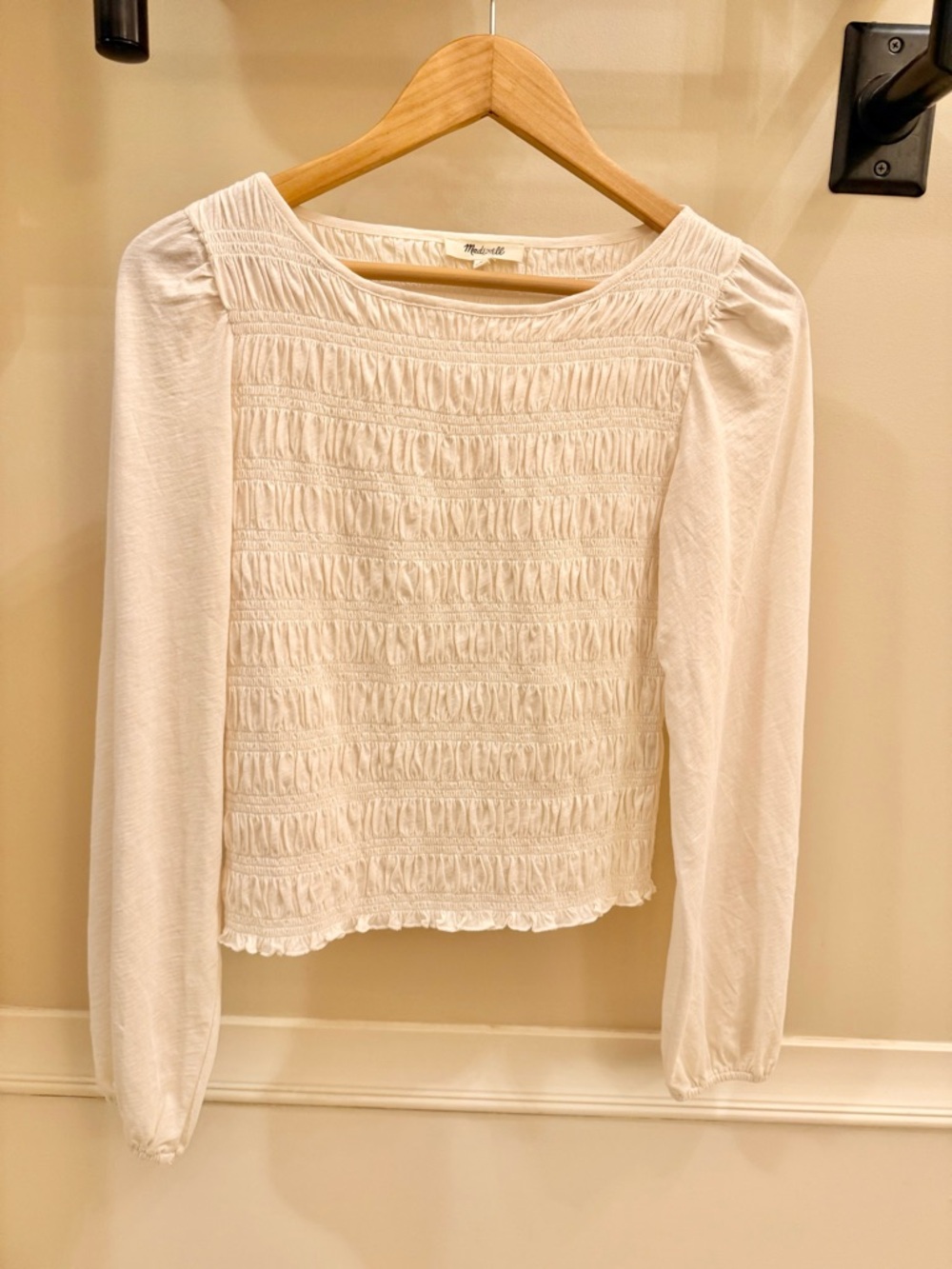 Madewell Cream Smocked Long-Sleeve Top